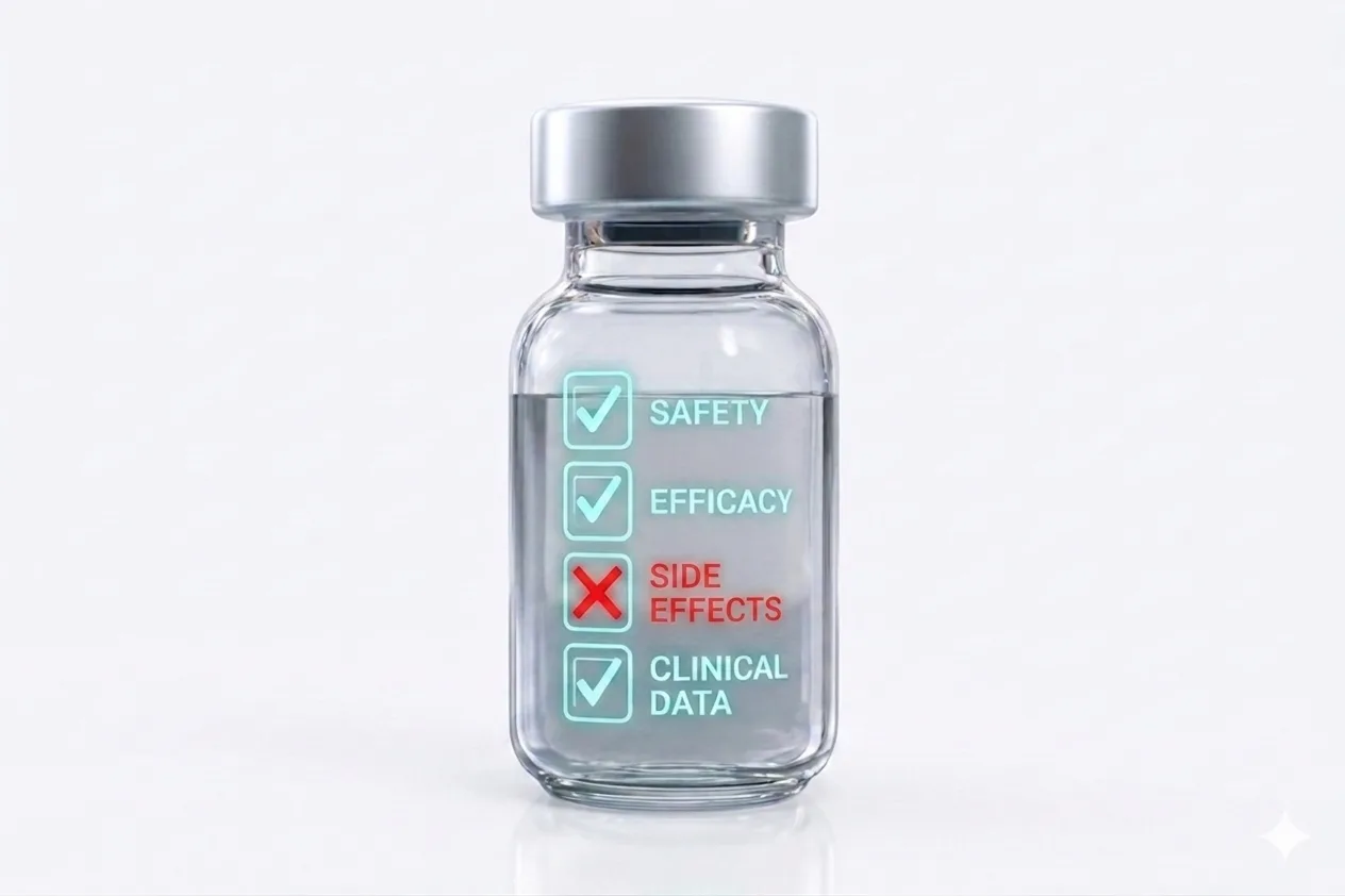 Vendor checklist vial showing safety, efficacy, side effects, and clinical data.